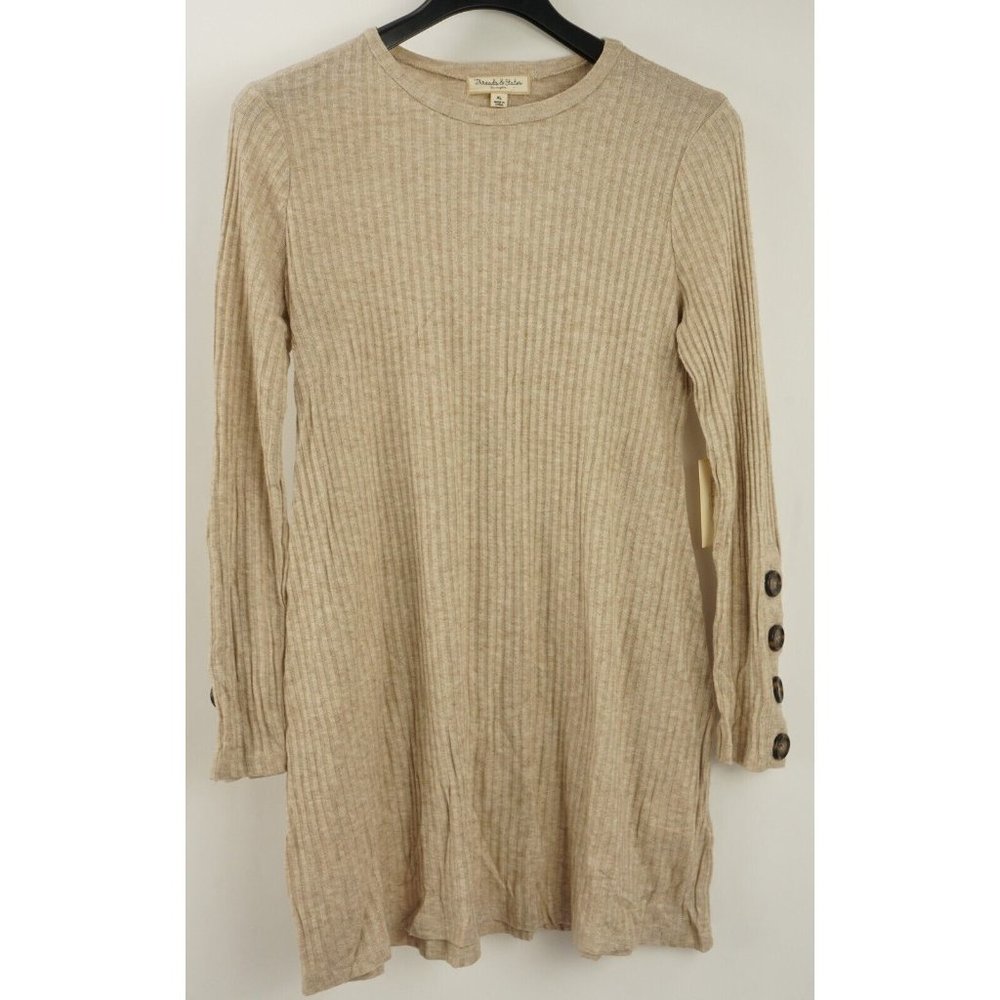 New Threads & States Women's XL Oatmeal Button Sleeve Rib Knit Crew Mini Dress